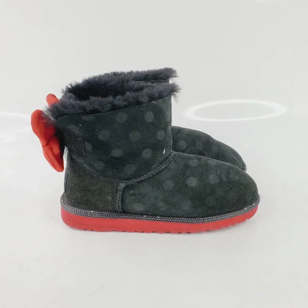 UGG Girl's Black Red Sweetie Bow Fur‎ Ankle Winter Boots Size US 4